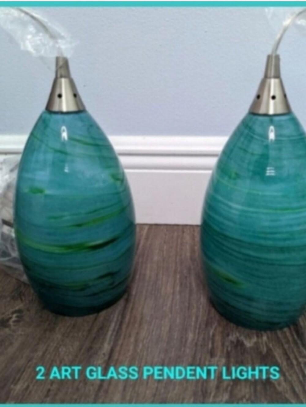 NEW! 2 Blown Art Glass Pendant Lights Lamps Accent Lamp teal- blue- green